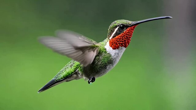 Flying ruby-throated hummingbird on blur green backgro, generative ai