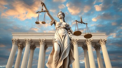 Themis, Greek goddess of justice, holding scales in front of a courthouse - obrazy, fototapety, plakaty
