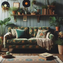 Green vintage sofa - obrazy, fototapety, plakaty