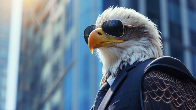 A bold eagle in a business suit and aviator sunglasses, perched on a city skyscraper