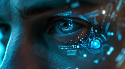 Foto op Aluminium Closeup of a human eye with blue digital cyber electronic light technology © Flowal93