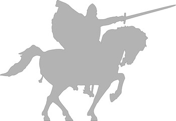 Silhouette of the bronze statue of the Cid Campeador on horseback in Burgos Spain. With his sword and cape flying in the wind, the statue with his horse Babieca has an attitude of fighting and victory