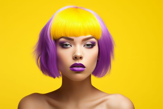 Beautiful woman with yellow purple hair. Woman With Multi-colored Hair on a yellow background. Fashionable woman. Fashion, cosmetics and makeup