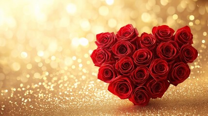 A festive, high-resolution image of a heart composed of red roses on a glittering gold background, perfect for celebrations
