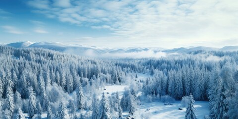 Beautiful winter landscape from above. View of the forest and road. Generative AI