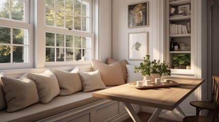Fototapeta premium Create a cozy atmosphere with a built-in window seat and plush cushions along the dining nook