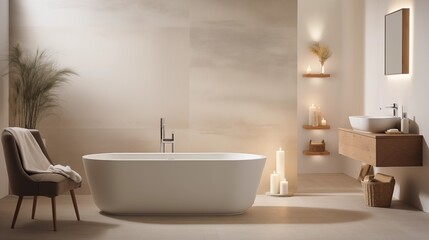 Fototapeta na wymiar Create a spa-like atmosphere with a freestanding bathtub, ambient lighting, and calming neutral tones