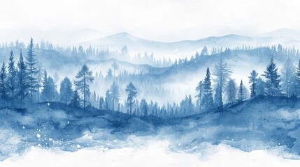 Fototapeta na wymiar Blue watercolor landscape of mountains and pine trees