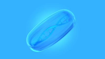 Blue pill with glowing DNA helix inside pill capsules. Concept of health care technology, graphic of realistic transparent pill with abstract futuristic DNA inside.