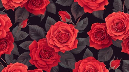 A seamless pattern design with stylized red roses for fabric or wallpaper background