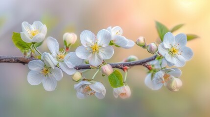 Fototapeta premium White and pink cherry blossoms on a branch with green leaves