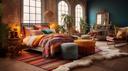 Design a bohemian-inspired bedroom with layered rugs, colorful textiles, and a mix of patterns