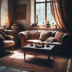 Vintage interior with leather sofa