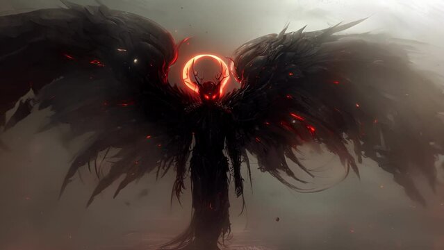 A shadowy seraph with glowing red eyes its wings made of rusted metal and its halo flickering in and out of existence.