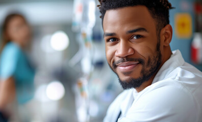 Fototapeta premium High quality portrait of young black man doctor in medical clinic. 