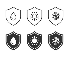 Waterproof, sun protect, and frost protect in the shield icon. Frost resistant, water resistant. Vector illustration.
