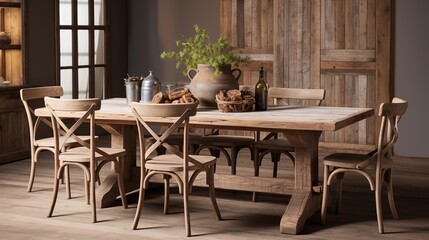 Design a rustic farmhouse dining room with a reclaimed wood dining table and mismatched chairs