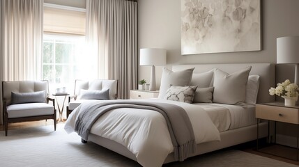 Design a serene guest room with a neutral color palette, plush bedding, and comfortable furnishings