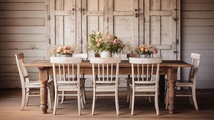 Design a rustic farmhouse dining room with a reclaimed wood dining table and mismatched chairs