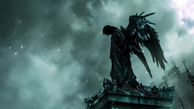 A solitary gothic angel its dark wings rustling in the wind as it stands atop a crumbling tower its piercing gaze fixed upon the night sky where the constellations hold secrets