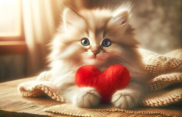 An adorable fluffy kitten with wide eyes cuddles a bright red heart, exuding warmth, cuteness, and the joy of pet companionship with copy space. Valentine's day concept. AI generated.
