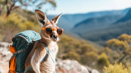 Foto op Plexiglas An adventurous kangaroo in a hiking outfit and sunglasses, exploring a mountain trail © furyon