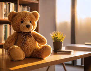 Cute teddy bear on desk in library