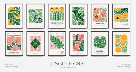 Abstract floral posters template. Modern trendy Matisse minimal style. Tropical jungle. Hand drawn design for wallpaper, wall decor, print, postcard, cover, template, banner. - obrazy, fototapety, plakaty