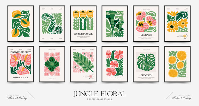 Fototapeta Abstract floral posters template. Modern trendy Matisse minimal style. Tropical jungle. Hand drawn design for wallpaper, wall decor, print, postcard, cover, template, banner.