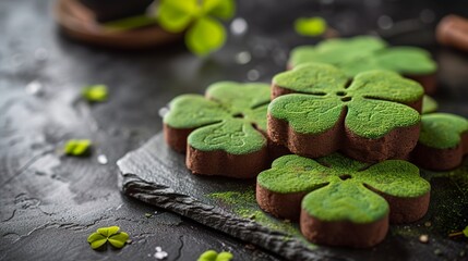 Creative treats made for St. Patrick's Day in the shape of a shamrock. Sweets and cookies in the shape of a lucky clover for a Saint Patrick's event. - obrazy, fototapety, plakaty