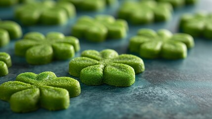 Creative treats made for St. Patrick's Day in the shape of a shamrock. Sweets and cookies in the shape of a lucky clover for a Saint Patrick's event. - obrazy, fototapety, plakaty