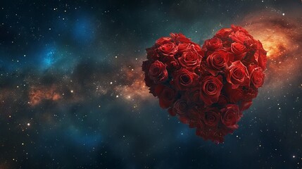 Outer space concept with a heart made of red roses floating among stars and galaxies background
