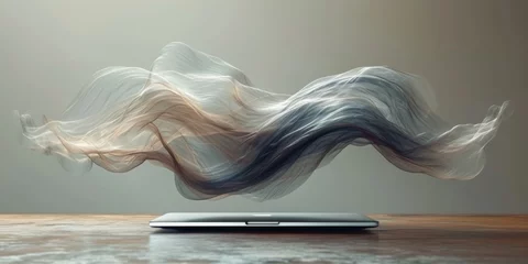 Fotobehang Laptop with Flowing Silk Fabric Digital Artwork. © MOMO