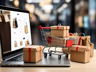 Product package boxes and shopping bag in cart with laptop computer which web store shop on screen for online shopping and delivery concept  - obrazy, fototapety, plakaty