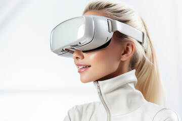 Young woman in virtual reality glasses on white background.