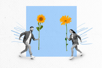 Horizontal creative photo collage of cheerful young miniature couple run fast on date hold blooming...