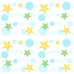 Summer seamless pattern with starfish, season, waves, sea, underwater background for design or decoration 