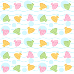 Summer seamless pattern with colorful shells, sea, waves background