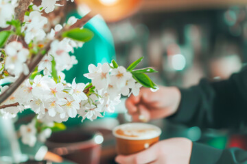 Coffee break. Barista prepares natural cup of coffee near blooming cherry blossoms against blurred cafe interior background evoking sense of fresh beginnings and pleasure of spring morning