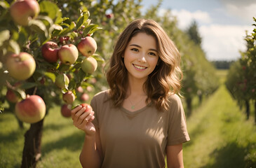 A young lady with smiling lips in an apple orchard