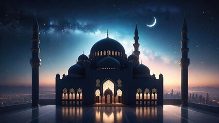 Silhouette of a Big Mosque Under Starry Night. Suitable for Ramadan concept, Islamic concept, Greeting card, Wallpaper, Background, Illustration, etc  - obrazy, fototapety, plakaty