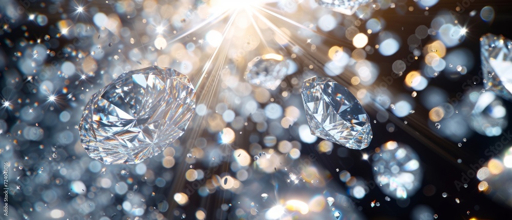 Poster a radiant diamond explosion background, where light is refracted through variously sized diamonds, c