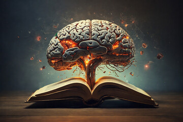 Brain coming out of an open book, concept of knowledge and wisdom