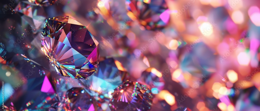 Poster abstract diamond field background with multi-faceted gems floating in space, creating a sense of dep