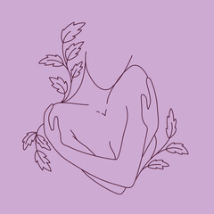 Minimal drawing of a beautiful female figure with a twig and leaves. Line style drawing. Elegant drawing of a female body and face. Hands cover chest. Side view.