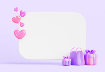 Valentine day 3d banner mockup. Blank white board with hearts, gift boxes and shop paper bags on purple render background. Greeting card with empty space for text, celebration message. 3D illustration