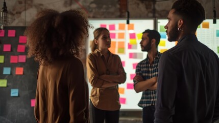 Ceo level business people standing in a creative circle, attending a creative workshop, post its, interactive, screen in background, mood shot photography, bright and light cinematic realism