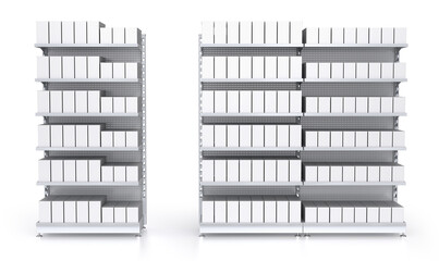 Retail shelf racks with blank products, design template for mock up. 3d illustration set
