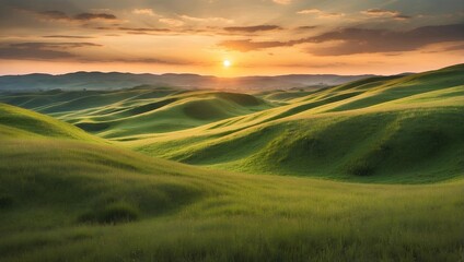 Fototapeta na wymiar Rolling hills covered in thick grass at sunset. generative AI