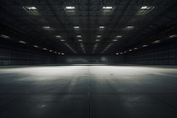 Großer, leerer Hangar, Halle, dunkel, diffuse Beleuchtung, erstellt mit generativer KI - 724044031